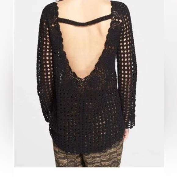 FREE PEOPLE Black Cotton Open Back Crochet Sweater XS - Picture 2 of 16